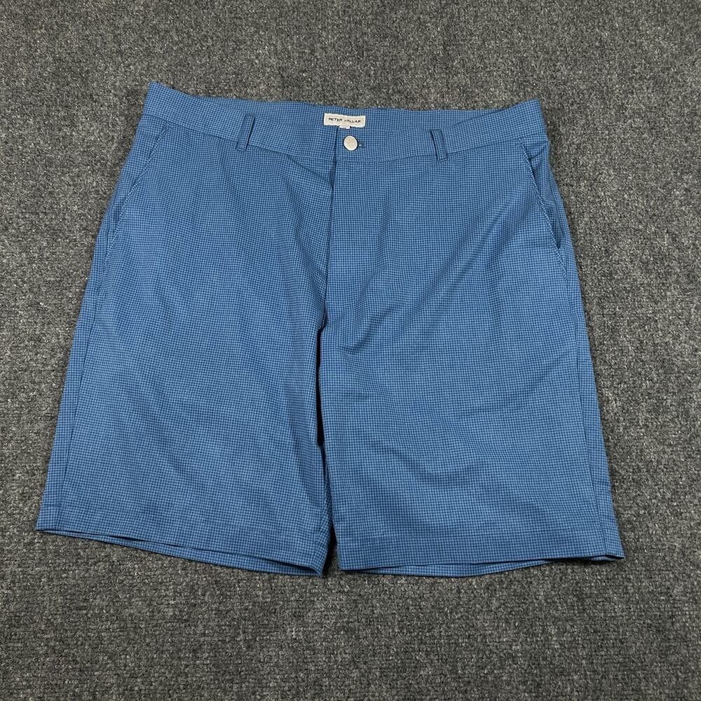 Peter Millar Shorts Mens 36 Blue Shackleford Melange Chino Golf Stretch Plaid